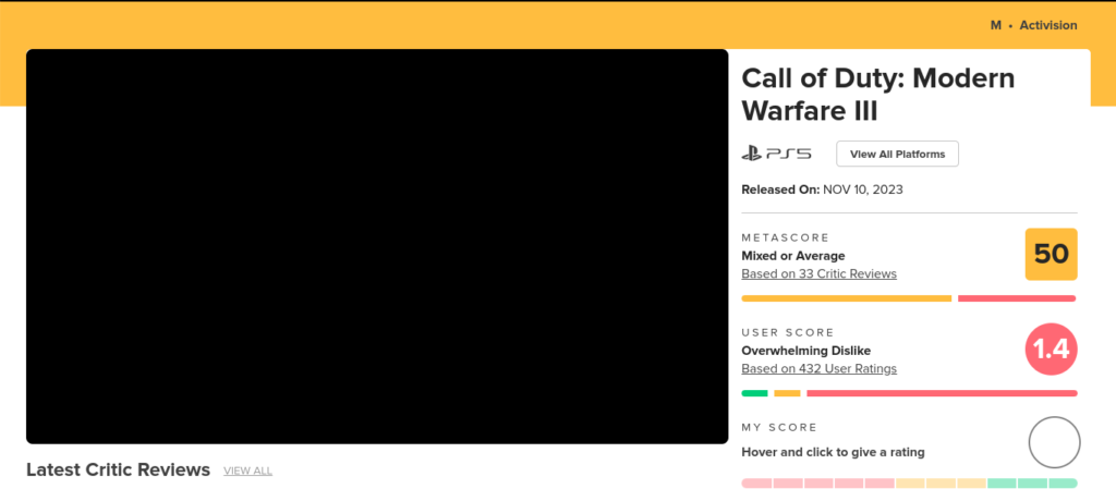 Metacritic rating of Modern Warfare 3