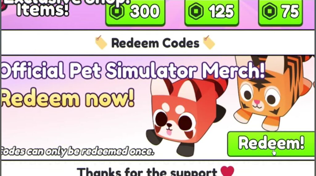 Pet Simulator 99 Redeem Codes Section